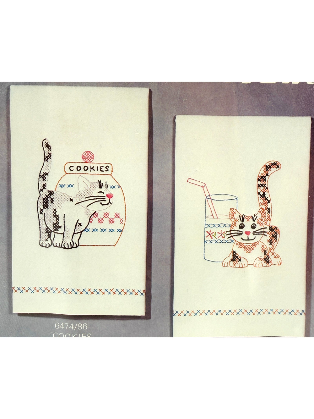 Vintage Cat Cross Stitch Kit Kitchen Towels Progress Cookies Milk HTF NOS Sealed